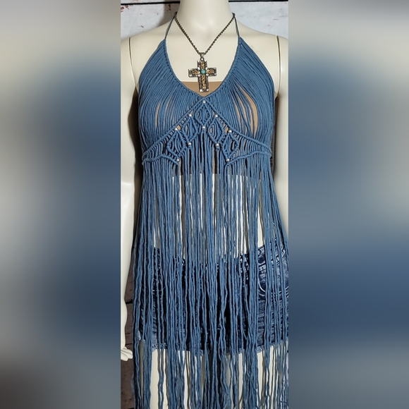 Gorgeous steel blue macreme lace dress coverup size medium - Picture 3 of 14